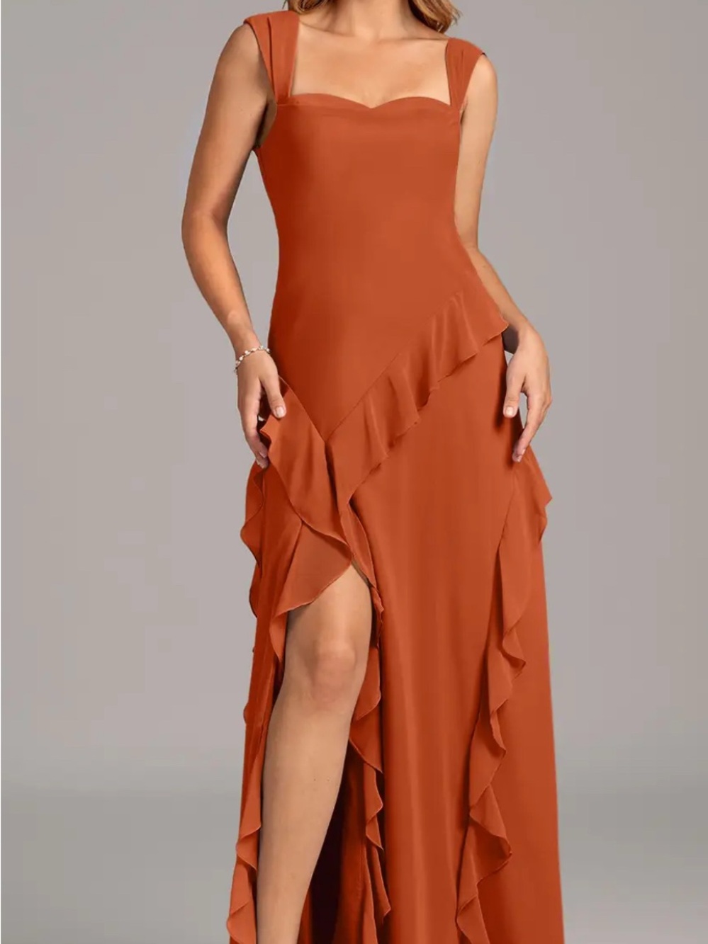 Azazie Rust Ruffle-Slit Maxi Dress